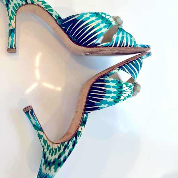 JIMMY CHOO 3inch Multi Colored Slip on Sandals Blue/Green/Gold 💙💚💙💚 - Picture 5 of 5